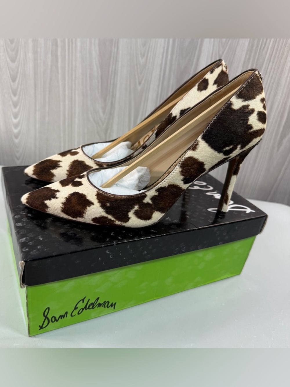 Sam Edelman Hazel Pumps Cow Hair Brown Cream Heels Animal Print Women’s Sz 7.5